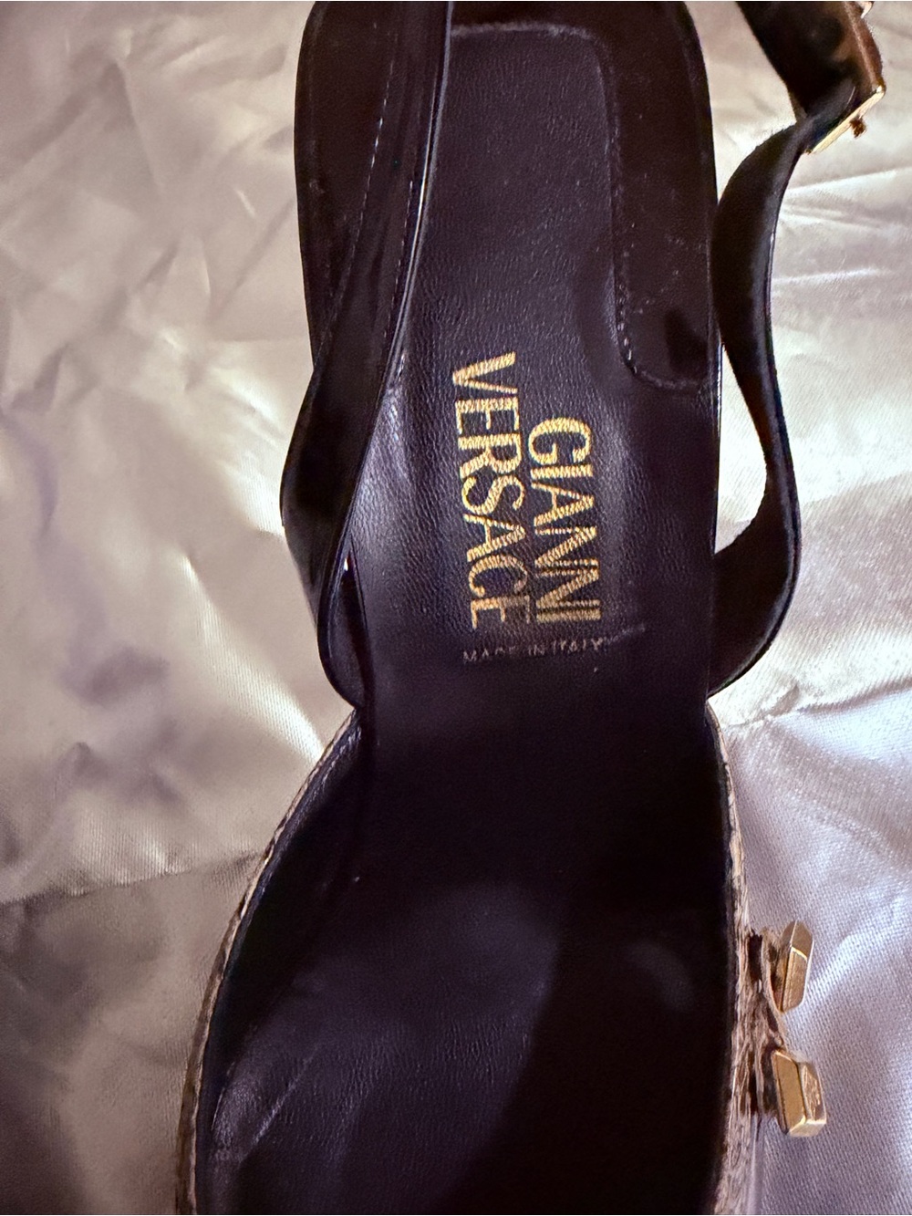Versace Black Patent Pointed Slingback Pumps with Gold Accent - Picture 5 of 11